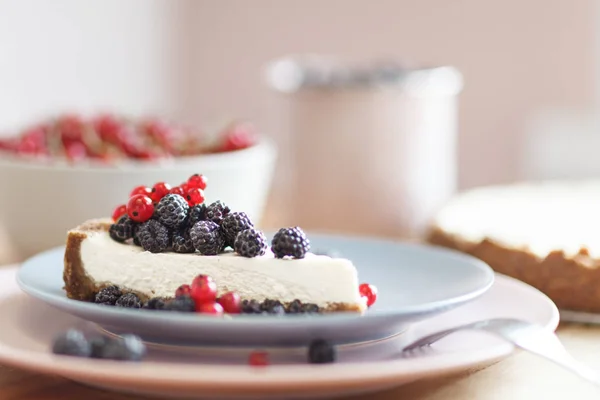 Slice of cheesecake with red currant and blackberries.