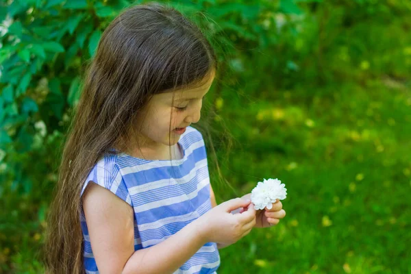 Bambina Con Fiore Bianco Nel Parco — Foto Stock