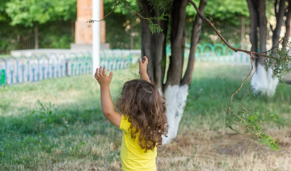 Bambino Felice Che Gioca Nel Parco Ragazzo Con Capelli Lunghi — Foto Stock