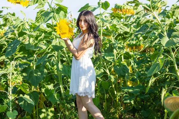 Jovem Bonita Campo Dos Girassóis Menina Com Girassol — Fotografia de Stock