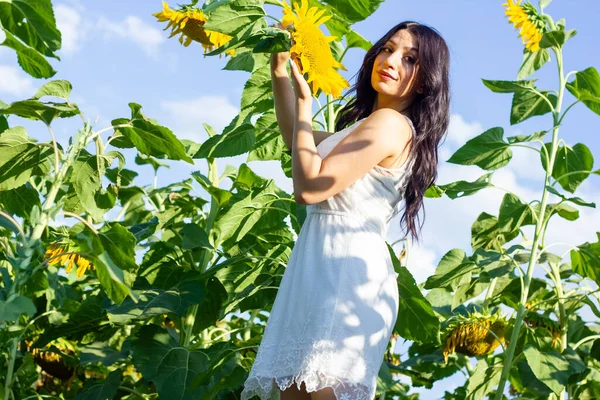 Jovem Bonita Campo Dos Girassóis Menina Com Girassol — Fotografia de Stock