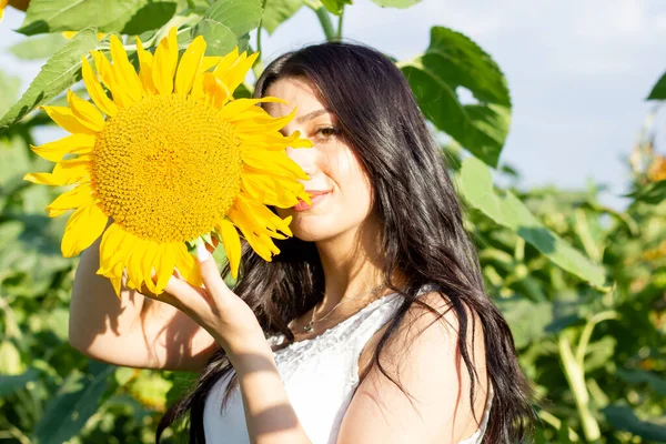 Jovem Bonita Campo Dos Girassóis Menina Com Girassol — Fotografia de Stock