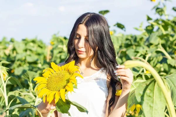 Jovem Bonita Campo Dos Girassóis Menina Com Girassol — Fotografia de Stock