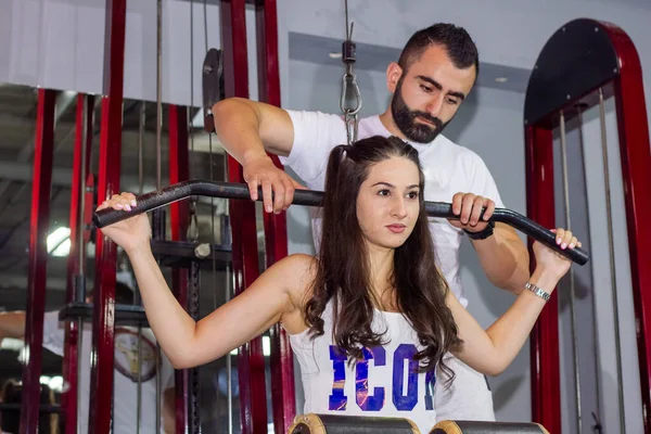 Young Woman His Trainer Training Gym — Stock Photo, Image