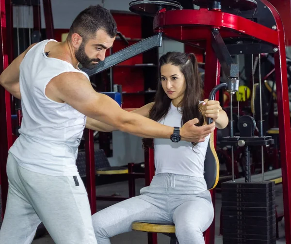 Young Woman His Trainer Training Gym — Stock Photo, Image