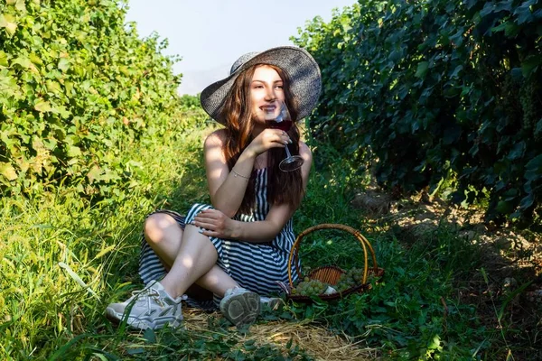 Güzel Bir Kadın Üzüm Bağında Şarap Içiyor — Stok fotoğraf