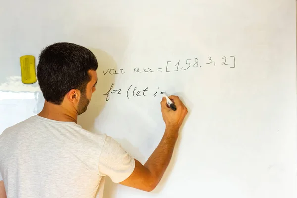 Young Man Writing Whiteboard — Stock Photo, Image