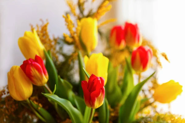 Colorido Ramo Primavera Felicitación Tulipanes Mimosa Pequeño Foco Seleccionado —  Fotos de Stock