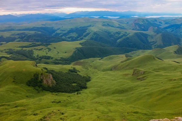 View Drone Air Landscape Valley Plateau Bermamyt North Caucasus Sunrise — Stock Photo, Image