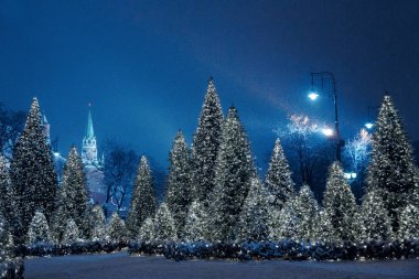 Gece kış kar Moskova'da. Modacı Meydanı yılbaşı için dekore edilmiştir..