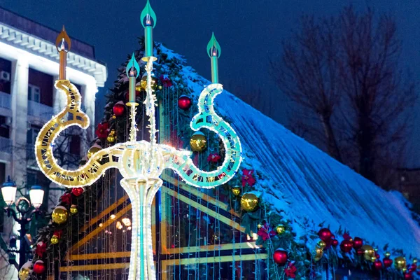 Noc Moskwa Zimą Śniegu Ulicy Old Arbat Urządzone Nowy Rok — Zdjęcie stockowe