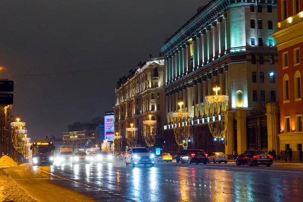 Moskva Ryssland Januari 2018 Natt Vinter Moskva Snön Bilar Och — Stockfoto