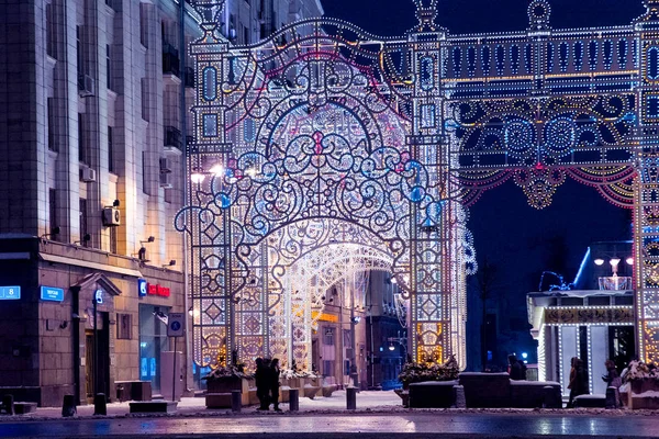 Moskwa Rosja Stycznia 2018 Noc Moskwa Zimą Śniegu Ulice Urządzone — Zdjęcie stockowe