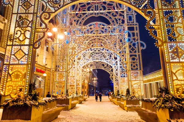 Moscow Russia January 2018 Night Winter Moscow Snow Street Decorated — Stock Photo, Image