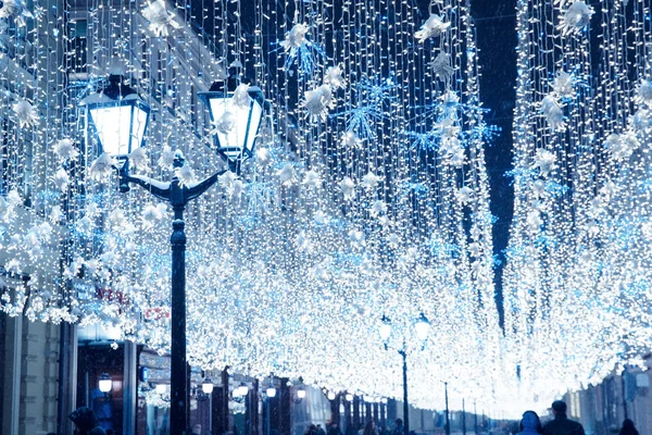 Este Téli Moszkva Hóban Nikolskaya Street Díszített — Stock Fotó