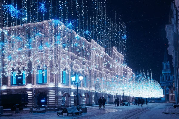 Natt Vinter Moskva Snön Nikolskaya Street Inredda För Det Nya — Stockfoto