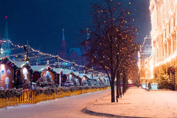 Ночь Зимой Москва Снегу Красная Площадь Оформленная Новый Год — стоковое фото