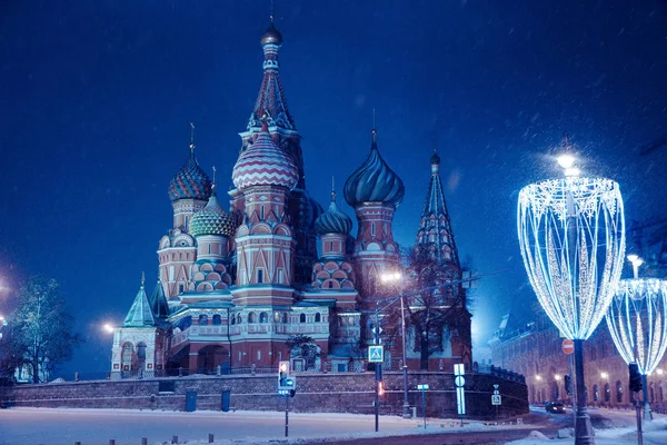 Nacht Winter Moskau Schnee Basilius Kathedrale Auf Dem Roten Platz — Stockfoto