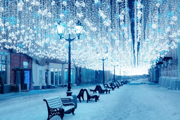 Night Winter Moscow Snow Nikolskaya Street Decorated New Year — Stock Photo, Image