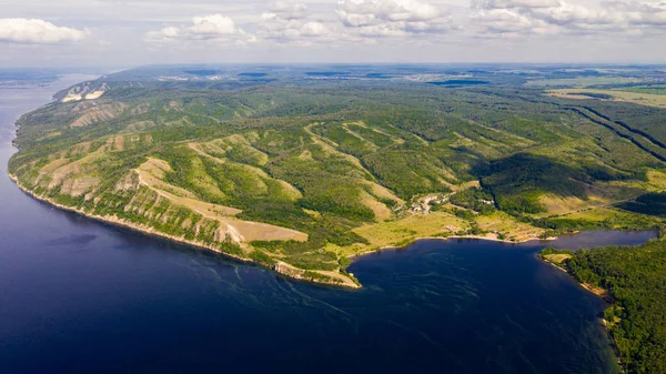 Aerial view from the drone of landscape Volga river flows among — Stock Photo, Image