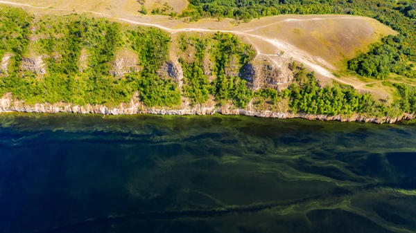 Aerial view from the drone of landscape Volga river flows among — Stock Photo, Image