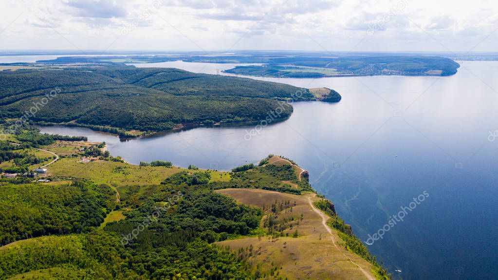  Aerial view from the drone of landscape Volga river flows among