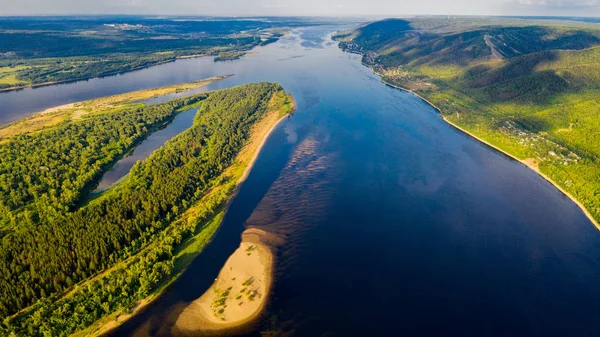 Aerial view from the drone of landscape Volga river flows among — Stock Photo, Image