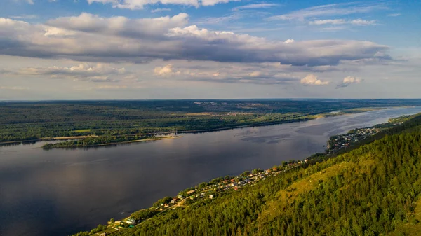 Aerial view from the drone of landscape Volga river flows among — Stock Photo, Image