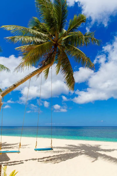 Bellissimo paesaggio di spiaggia tropicale, palma da cocco con altalene , — Foto Stock