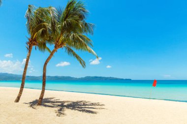 Boracay Adası, Filipinler 'deki tropikal plajın güzel manzarası kilit altında. Hindistan cevizi palmiyeleri, deniz, yelkenli ve beyaz kum. Doğa manzarası. Yaz tatili kavramı.