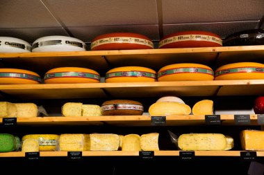 Amsterdam, Hollanda, Avrupa, 11 Ekim 2019. Hollanda 'da Amsterdam' daki bir peynircide satılığa çıkarılan çeşitli geleneksel Hollanda peynirleri..