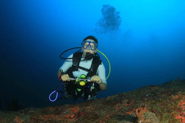 きれいな海の水でダイバー水泳 — ストック写真