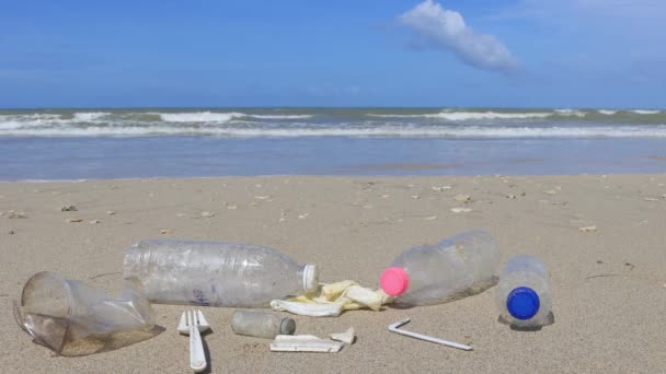 Μαζεύω Πλαστικά Σκουπίδια Από Την Παραλία Πλαστικά Μπουκάλια Τσάντες Καλαμάκια — Αρχείο Βίντεο