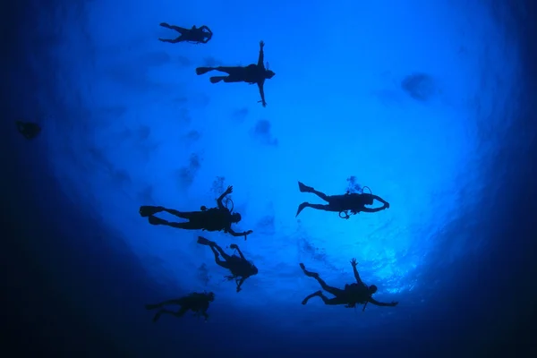 Foto Subaquática Grupo Mergulhadores Profundidade Mar Azul — Fotografia de Stock