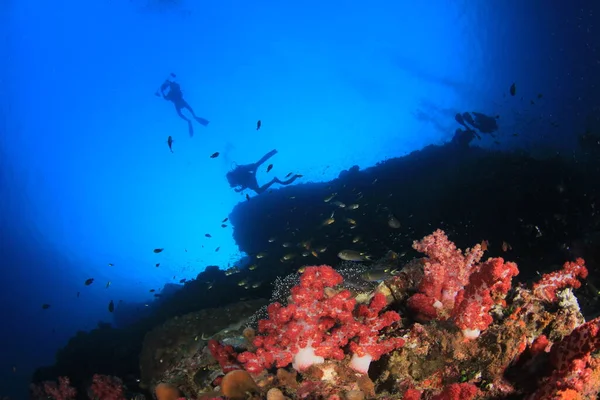 青い海の奥に潜るダイバーのグループの水中写真 — ストック写真