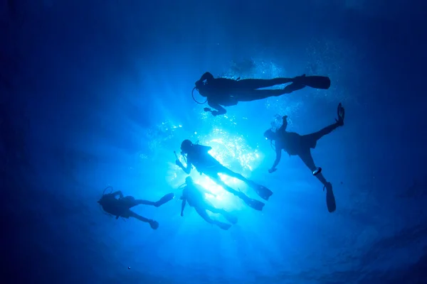 Foto Submarina Del Grupo Buceadores Profundidad Del Mar Azul — Foto de Stock