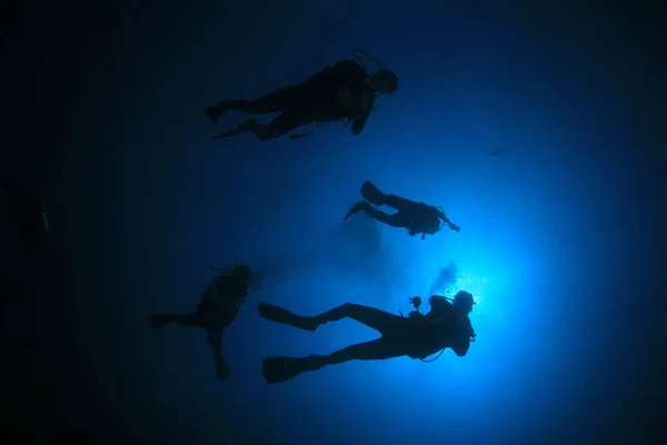 Foto Submarina Del Grupo Buceadores Profundidad Del Mar Azul — Foto de Stock