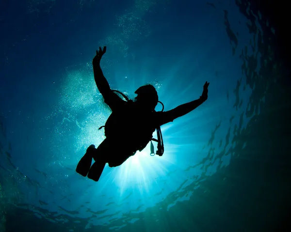 Foto Subacquea Del Subacqueo Nella Profondità Del Mare Blu — Foto Stock