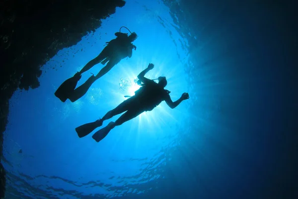 Underwater Photo Group Divers Depth Blue Sea — Stock Photo, Image