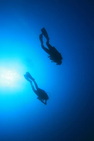 Foto Subaquática Grupo Mergulhadores Profundidade Mar Azul — Fotografia de Stock