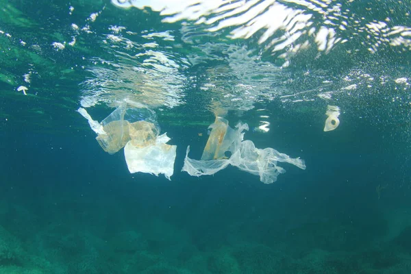 Plastic rubbish pollution in ocean. Environmental problem concept