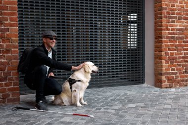 Kör adam okşayan rehber köpek, ilgili favori evcil hayvan