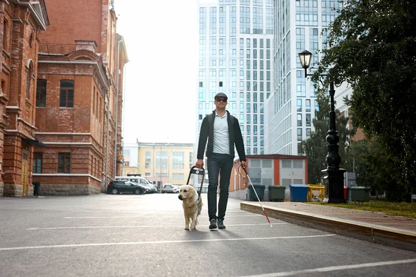 Young blind man with stick and guide dog walking — Stock Photo, Image