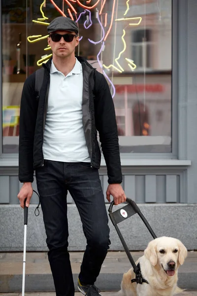 Portrait of blind man with cane for the disabled and dog on leash — Stock Photo, Image