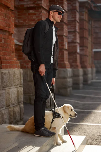 careful guide dog helping blind man in city