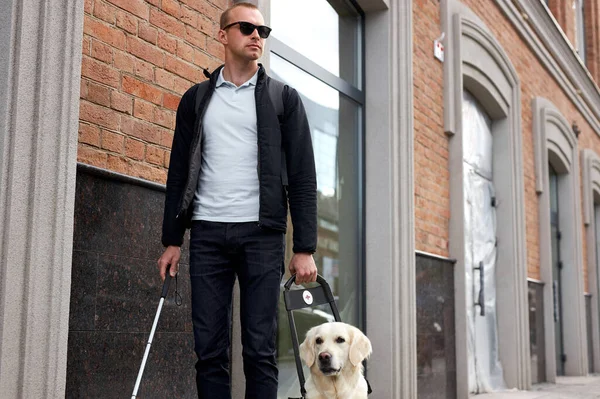 Άρρωστος άνθρωπος με τύφλωση να πάρει βοήθεια από το σκυλί οδηγός — Φωτογραφία Αρχείου