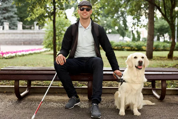 25 años de edad, el hombre sufre de ceguera, obtener ayuda de perro guía —  Fotos de Stock