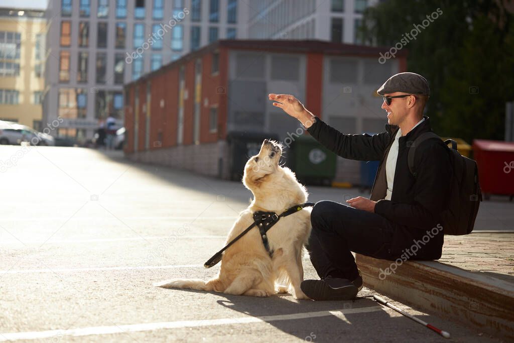 young blind man training guide dog, giving obedience commands