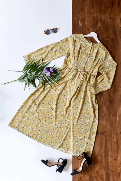 Summer delicate fashionable dress with long sleeves,flat lay — Stock Photo, Image