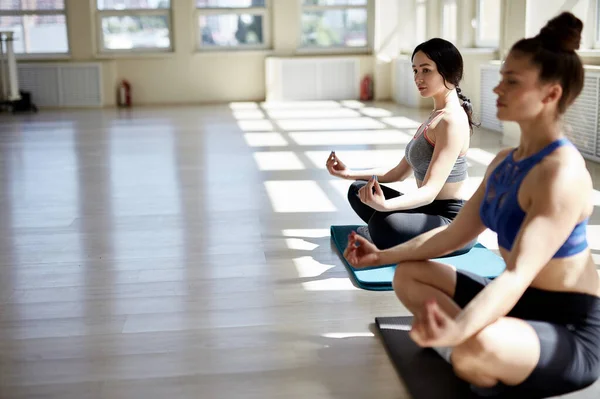 Två kaukasiska kvinnor utövar yoga tillsammans — Stockfoto